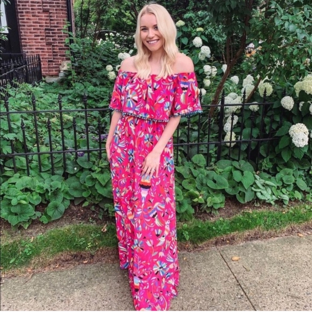 Judith March Parrot Print Maxi Dress Womens S Pink Off Shoulder Tropical